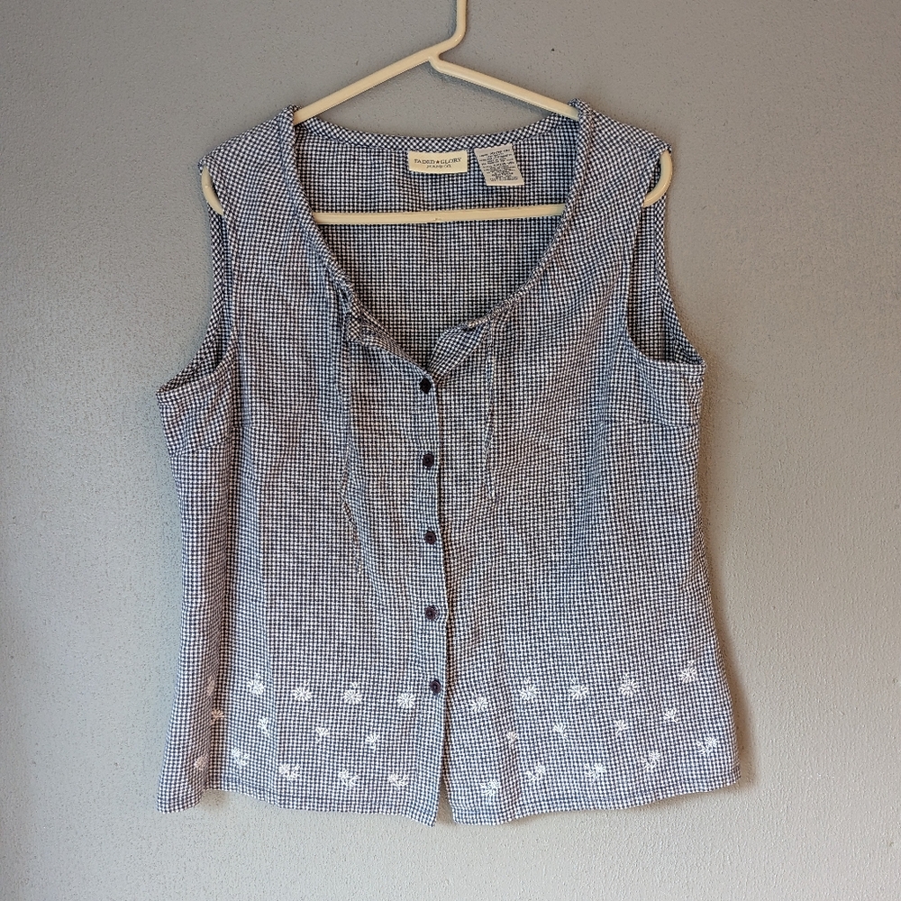 Faded Glory Women's Sleeveless Checkered Top With Embroidered Daisies Xl
